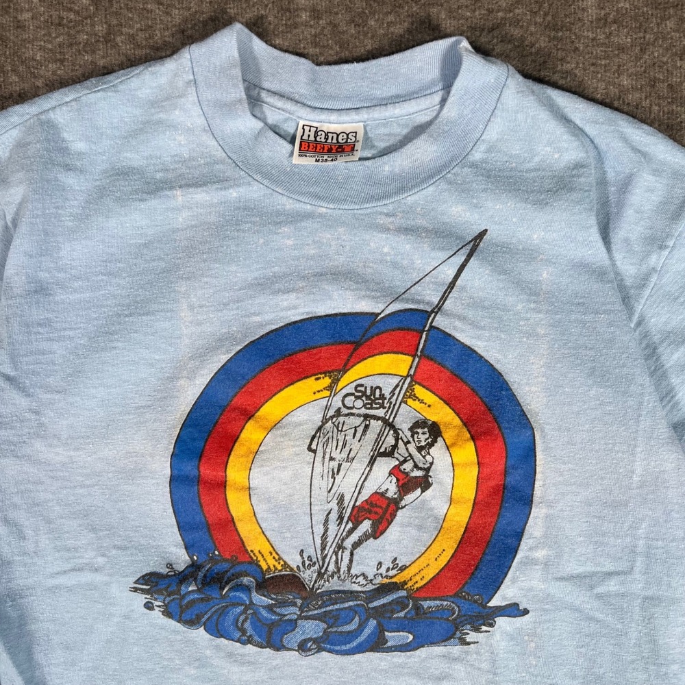 Vintage 70s Hanes Beefy-T Sun Coast Windsurfing Rainbow Graphic T-Shirt Blue M